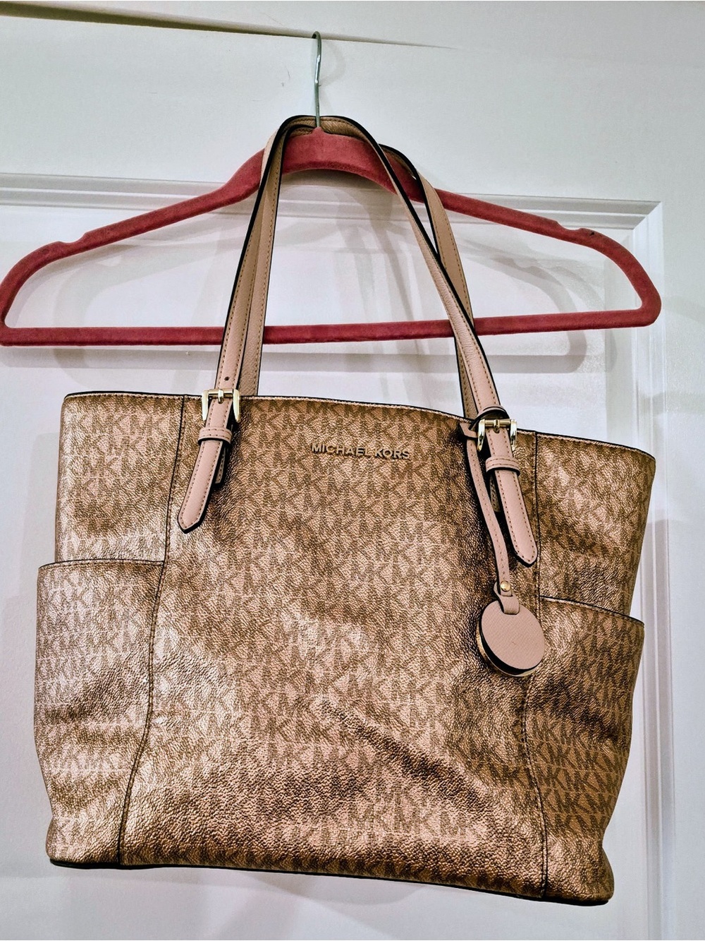 Michael Kors Brown Logo Tote with Pink Handles